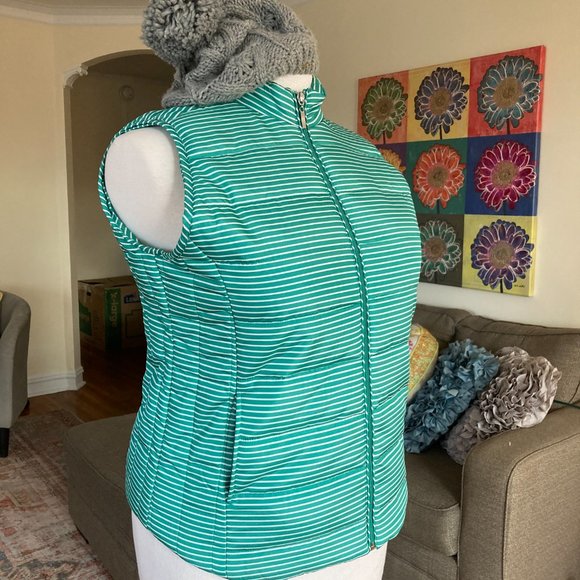 NWOT Diffusion Women's Extra Large XL Green & White Striped Fitted Puffer Vest - Picture 3 of 12
